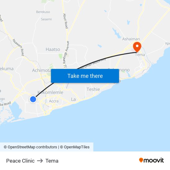 Peace Clinic to Tema map