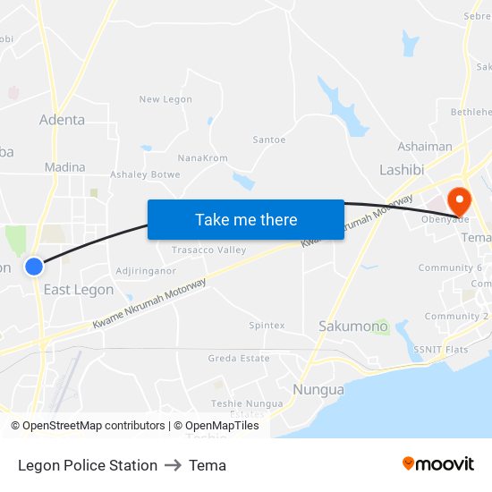 Legon Police Station to Tema map