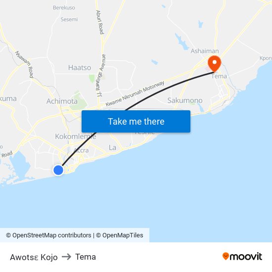 Awotsɛ Kojo to Tema map