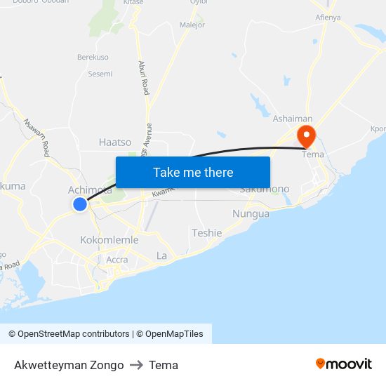 Akwetteyman Zongo to Tema map