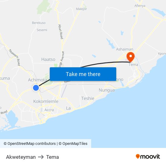 Akweteyman to Tema map