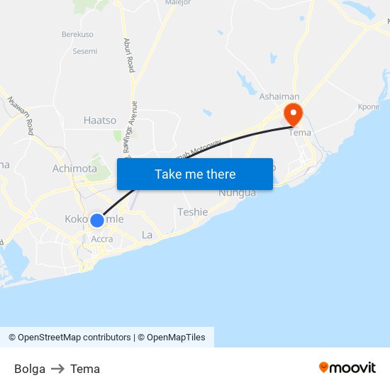 Bolga to Tema map