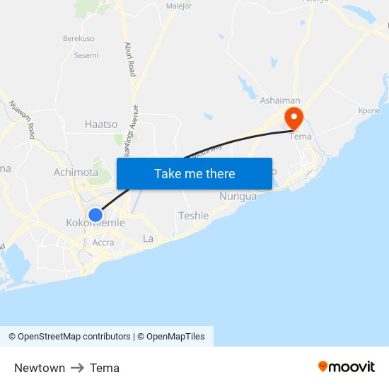 Newtown to Tema map