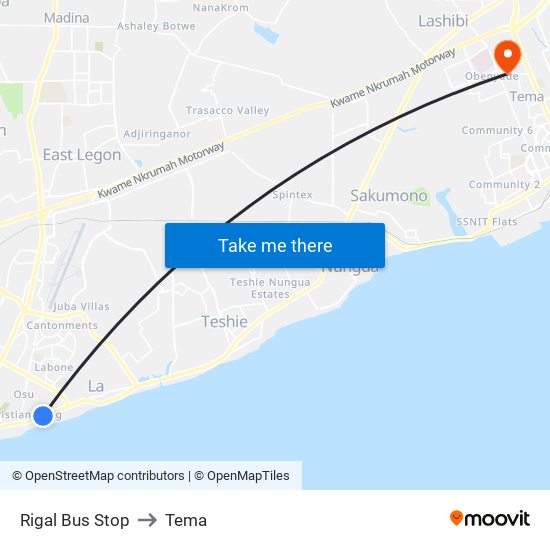 Rigal Bus Stop to Tema map