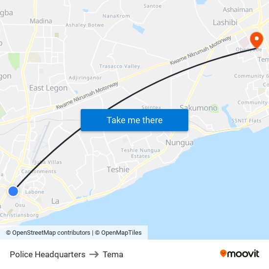 Police Headquarters to Tema map