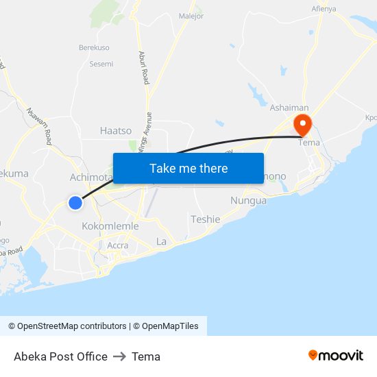 Abeka Post Office to Tema map