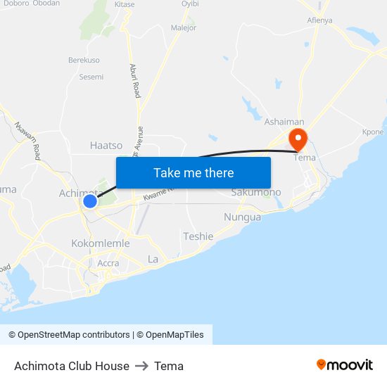Achimota Club House to Tema map