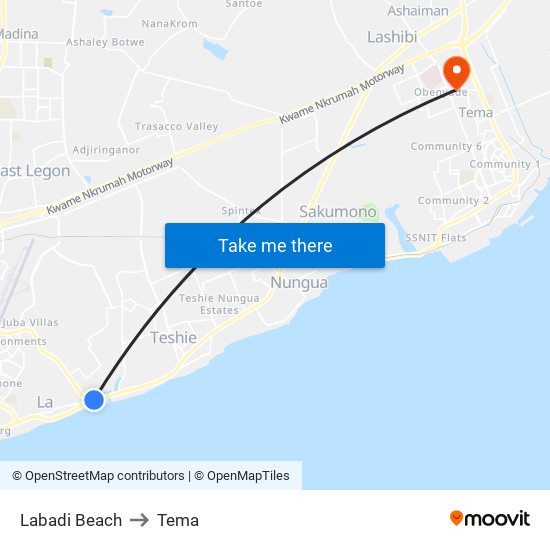 Labadi Beach to Tema map