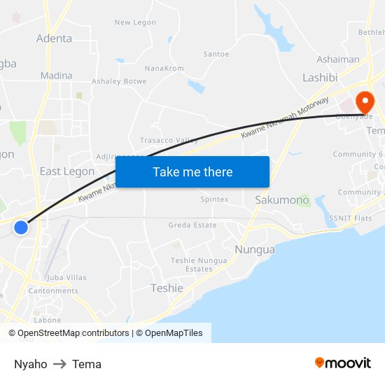 Nyaho to Tema map