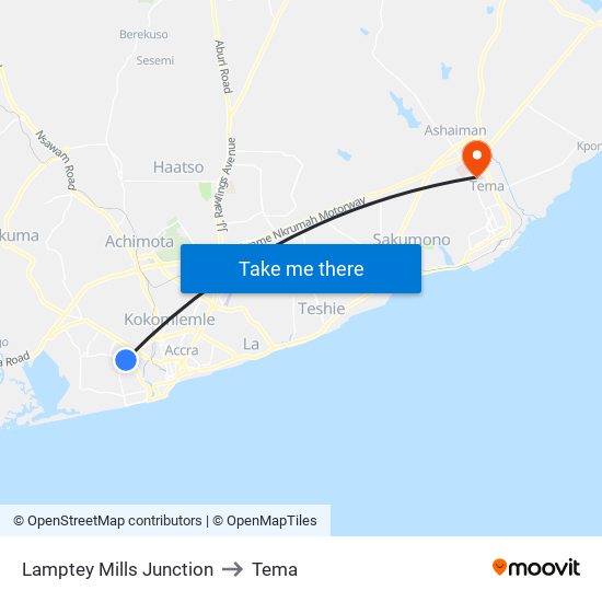 Lamptey Mills Junction to Tema map