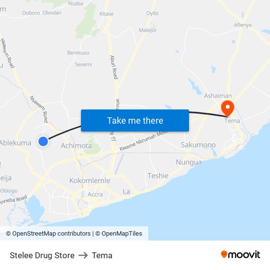 Stelee Drug Store to Tema map