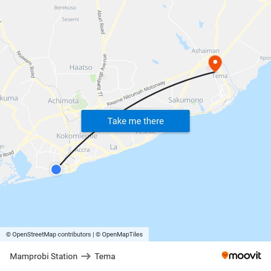 Mamprobi Station to Tema map