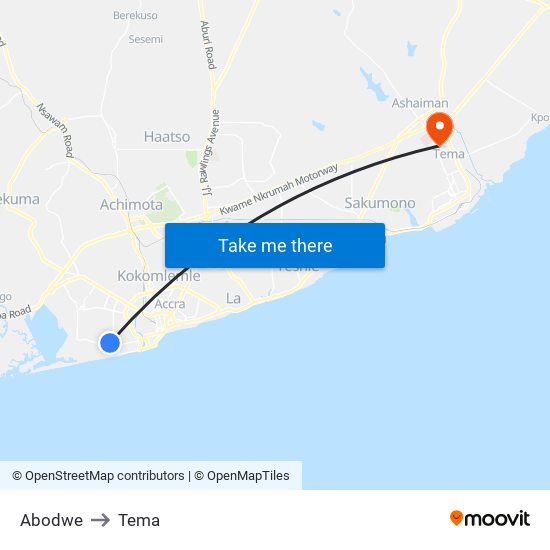Abodwe to Tema map