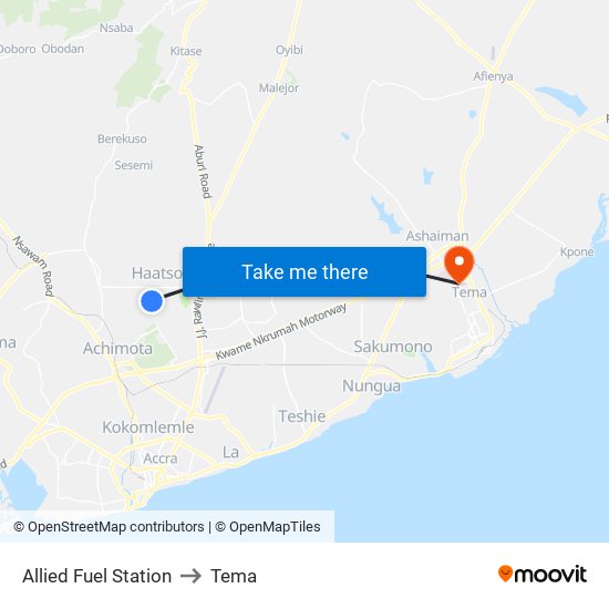 Allied Fuel Station to Tema map