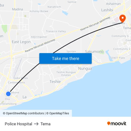 Police Hospital to Tema map