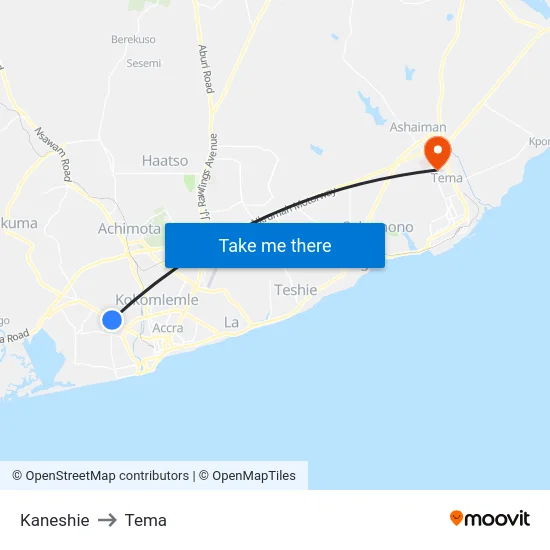 Kaneshie to Tema map