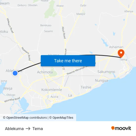 Ablekuma to Tema map