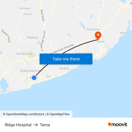 Ridge Hospital to Tema map