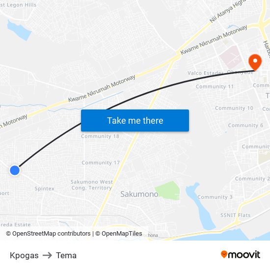 Kpogas to Tema map