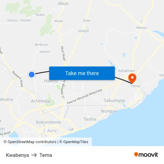 Kwabenya to Tema map