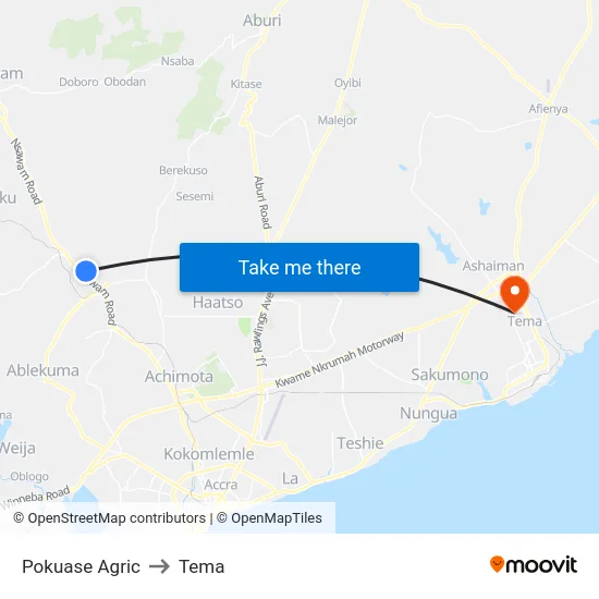 Pokuase Agric to Tema map