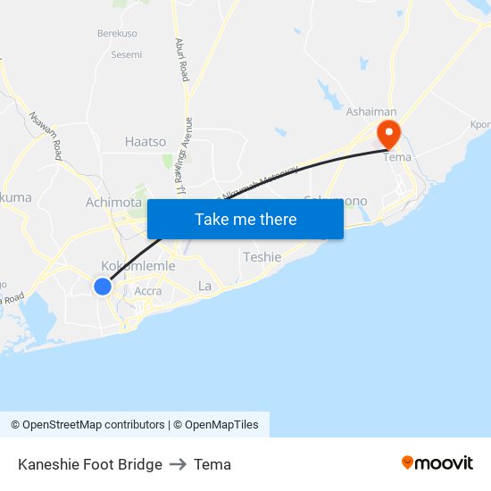 Kaneshie Foot Bridge to Tema map