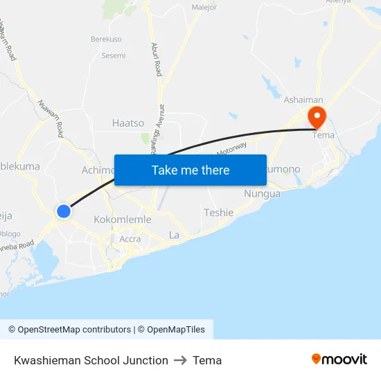 Kwashieman School Junction to Tema map