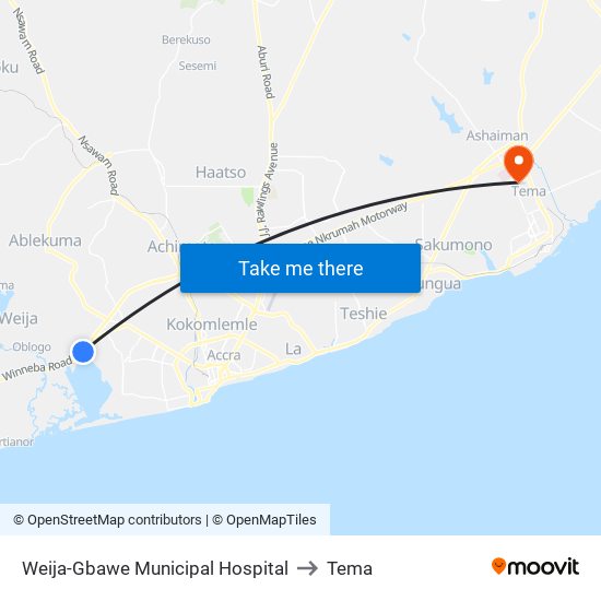 Weija-Gbawe Municipal Hospital to Tema map