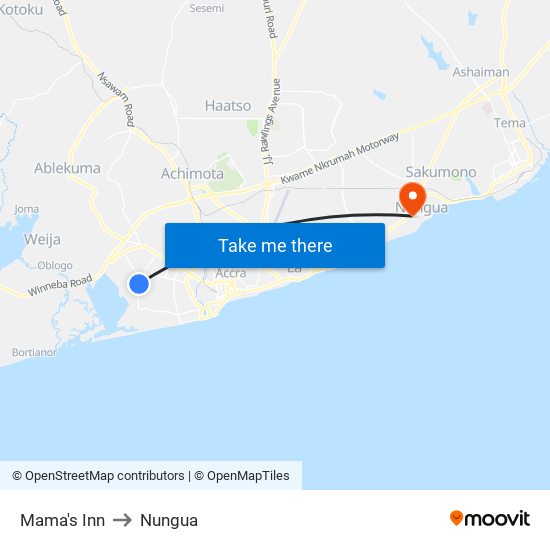 Mama's Inn to Nungua map
