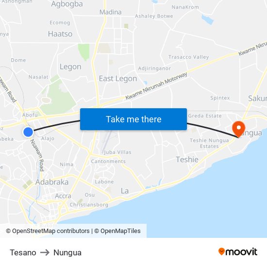 Tesano to Nungua map