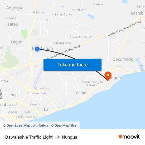 Bawaleshie Traffic Light to Nungua map