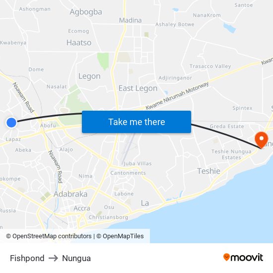 Fishpond to Nungua map