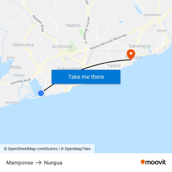 Mamponse to Nungua map
