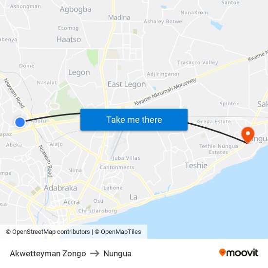 Akwetteyman Zongo to Nungua map