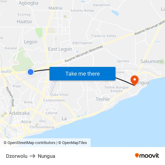 Dzorwolu to Nungua map