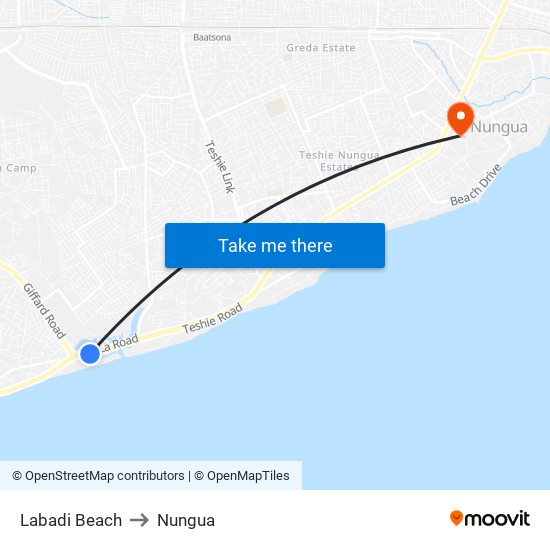 Labadi Beach to Nungua map