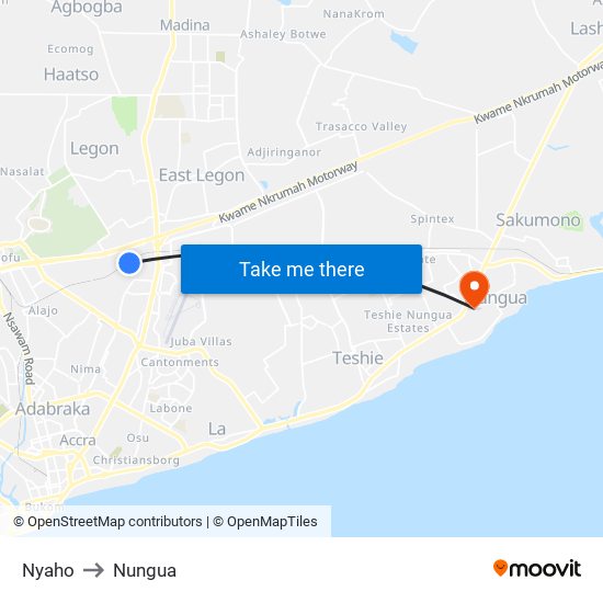 Nyaho to Nungua map