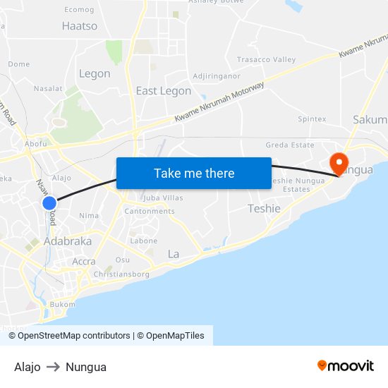 Alajo to Nungua map