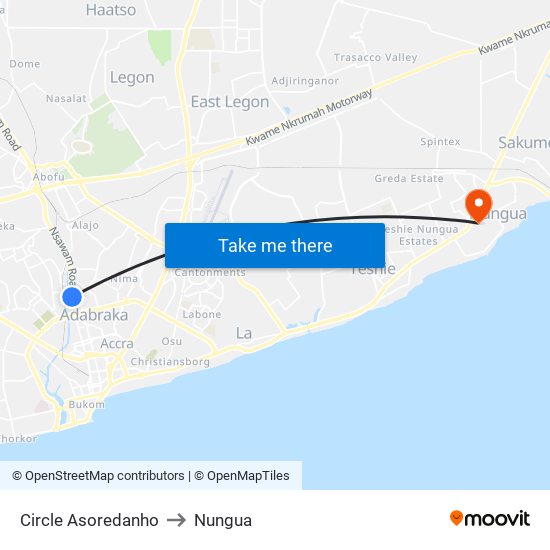 Circle Asoredanho to Nungua map