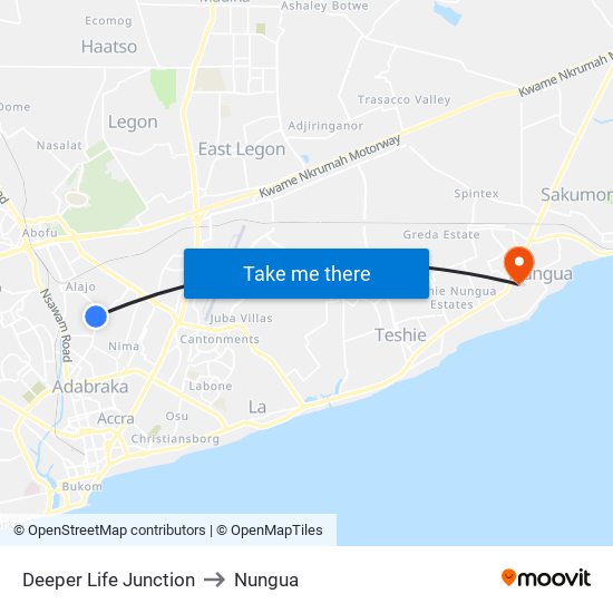 Deeper Life Junction to Nungua map