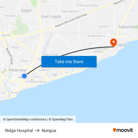 Ridge Hospital to Nungua map