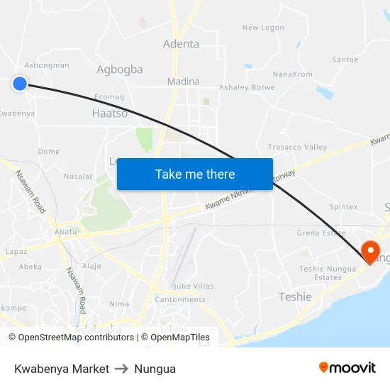 Kwabenya Market to Nungua map