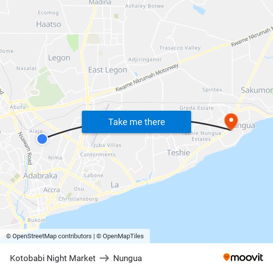 Kotobabi Night Market to Nungua map