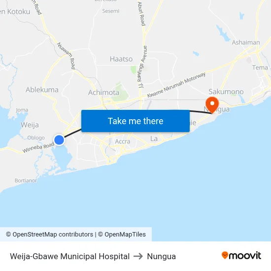 Weija-Gbawe Municipal Hospital to Nungua map