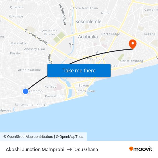 Akoshi Junction Mamprobi to Osu Ghana map