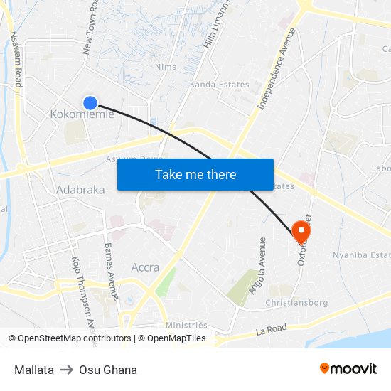 Mallata to Osu Ghana map