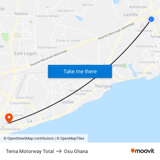 Tema Motorway Total to Osu Ghana map