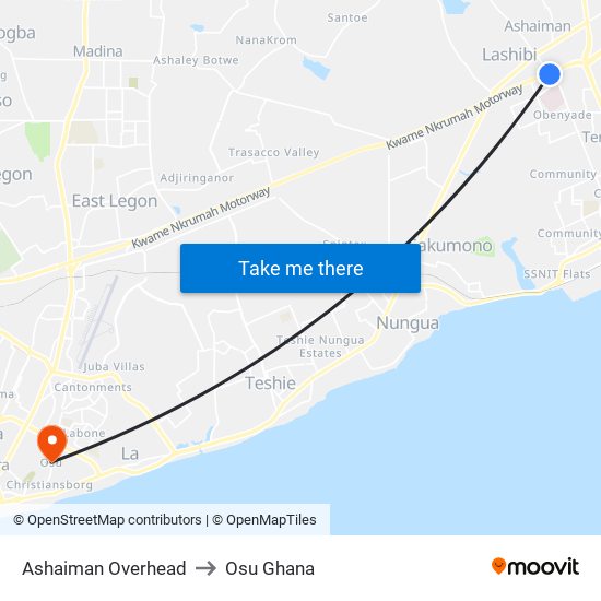 Ashaiman Overhead to Osu Ghana map