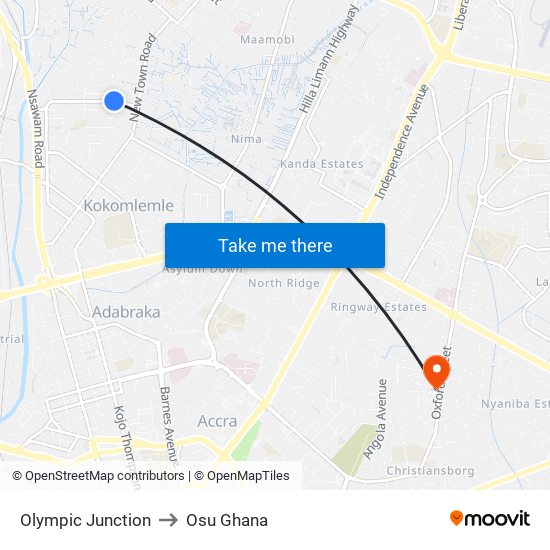 Olympic Junction to Osu Ghana map