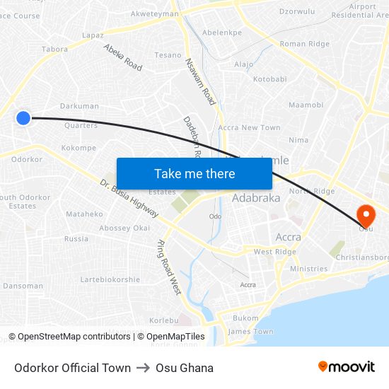 Odorkor Official Town to Osu Ghana map